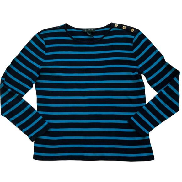 Lauren Ralph Lauren Cotton Striped Sweater Gold Logo Button Detail Black Blue XL - Picture 1 of 8